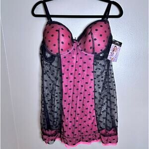 NWT Sexy Lingerie Pink Polka Dots Sheer Bustier Halter Built in Bra Size 2X